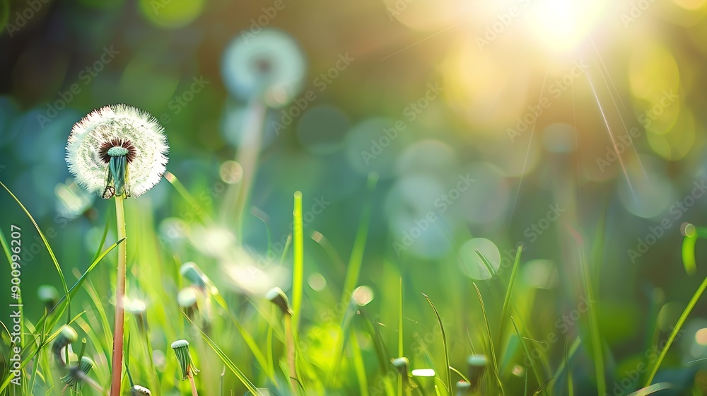 Aufkleber White dandelion in a green grass on a forest meadow Macro image shallow depth of field Abstract summer nature background : Generative AI