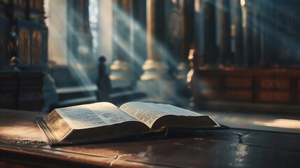 the Holy Bible in temple Concept for faith spirituality and religion Peace hope dreams concept Bible in an ancient Catholic temple : Generative AI