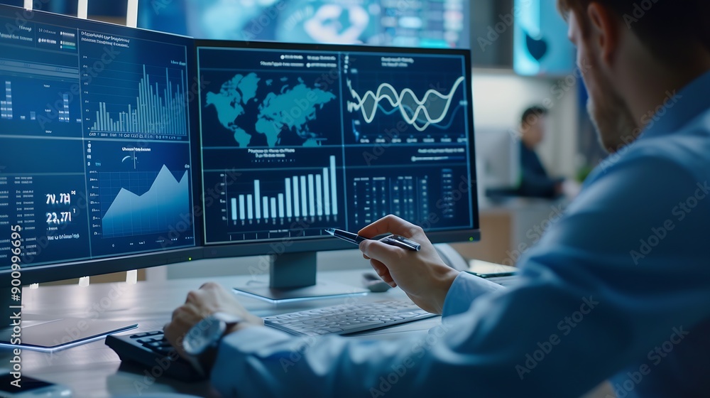 Aufkleber Businessman working with data management system on computer to make report with KPI and metrics connected to database finance operations sales marketing KPI business performance indica : Generative AI