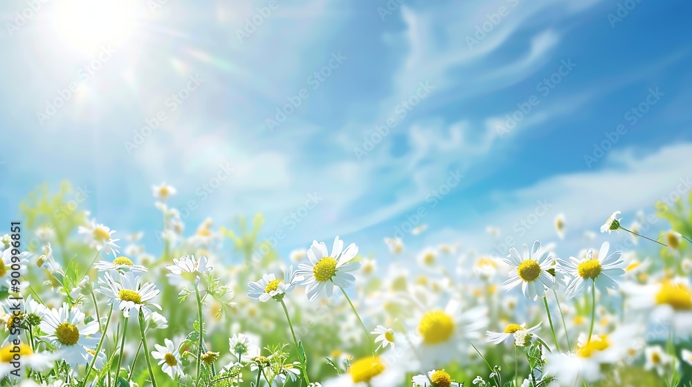 Aufkleber beautiful blurred spring background nature with blooming glade chamomile trees and blue sky on a sun