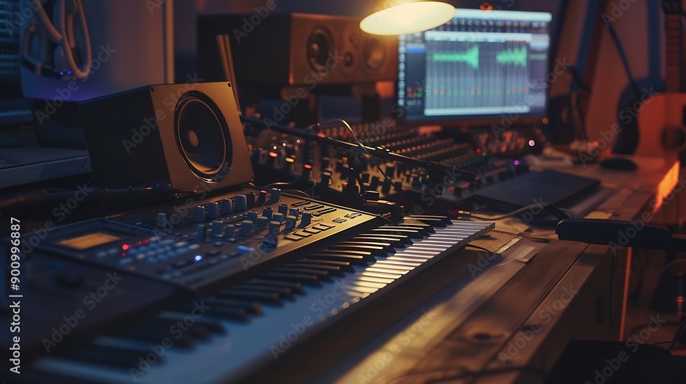 Poster empty studio at home equipped with mixing soundboard panel and other musical instruments music indus