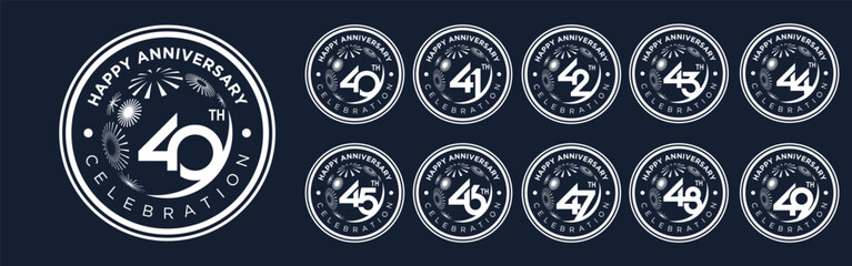 set of 40 to 49th anniversary logotype design, with white color fireworks for celebration event, wedding, and birthday, vector illustration