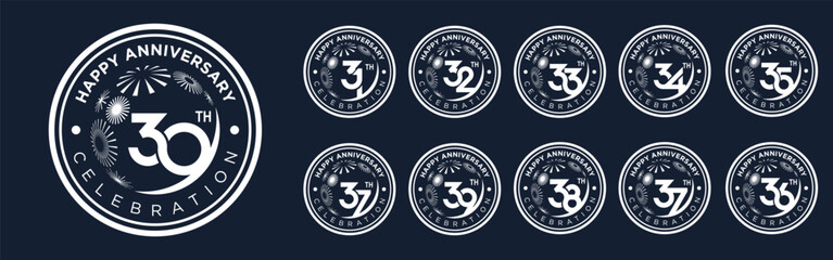 set of 30 to 39th anniversary logotype design, with white color fireworks for celebration event, wedding, and birthday, vector illustration