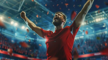 Cinematic shot captures victory Professional football player on sport football arena celebrating goal at 3D model sport stadium arena Concept of professional sport championship tournam : Generative AI