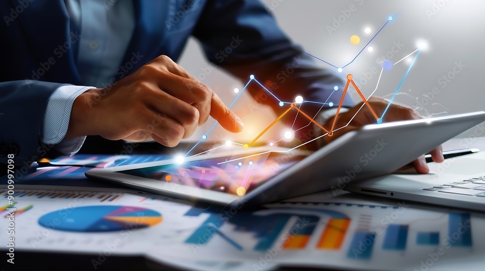 Poster Business 2025 analytics tools charts and graphs with statistics to analyze business potential and forecast future development of companies growth Businessman using a tablet : Generative AI