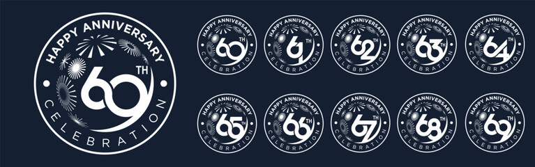 set of 60 to 69th anniversary logotype design, with white color fireworks for celebration event, wedding, and birthday, vector illustration