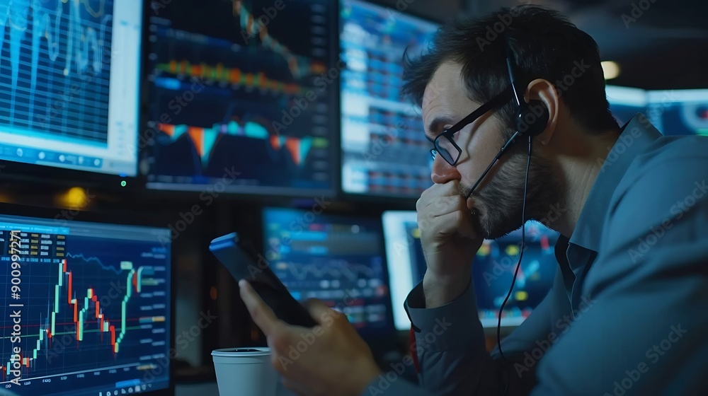 Poster focusing on phone with discussing dynamic stock market in two business traders online website compar