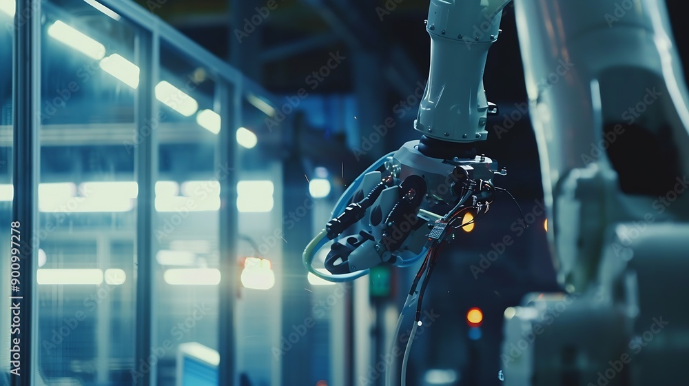 Aufkleber Industry 40 Engineer use monitoring system software and record data of ai robotics automatic arms machine working on network in intelligent factory Ai Machine learning Digital manufact : Generative AI