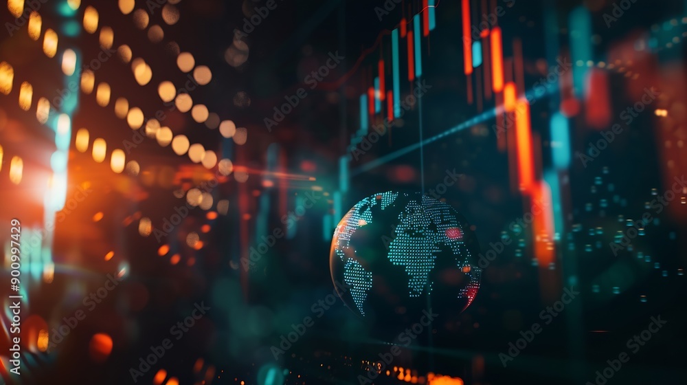 Poster Stock market graphs and data with globe in foreground : Generative AI