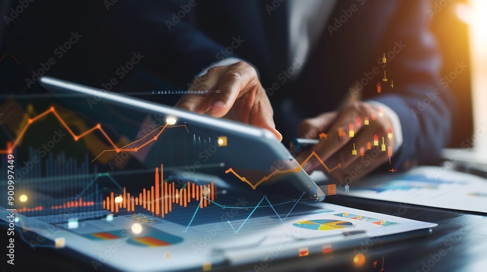 Leinwandbilder Business finance and investment Data analysis Businessman using tablet analyzing financial graph growth chart stock market report and forex graph business growth finance and investment : Generative AI