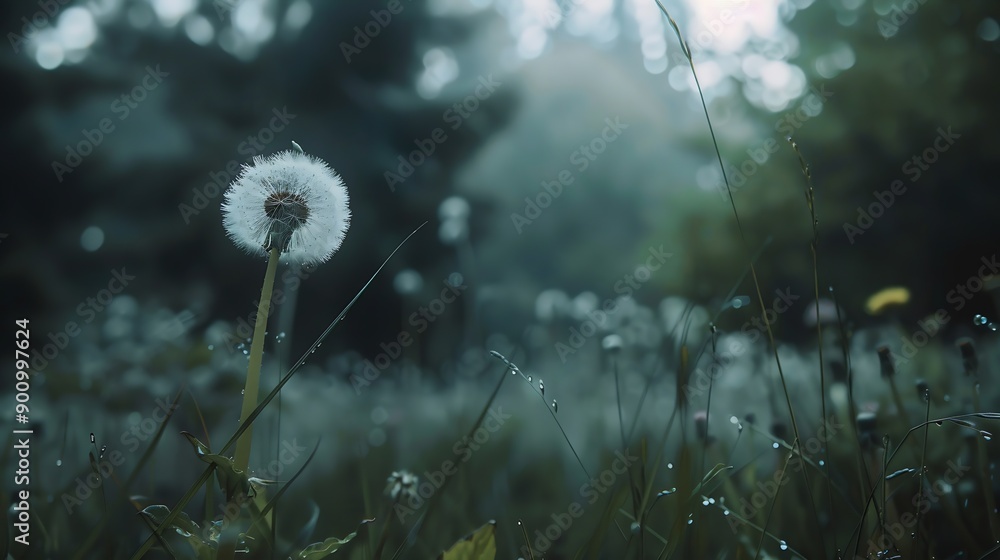Poster White dandelion in a summer forest Macro image shallow depth of field Abstract summer nature background : Generative AI