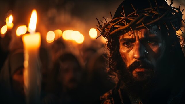 Beautiful image of a Nazarene and his candle in procession : Generative AI