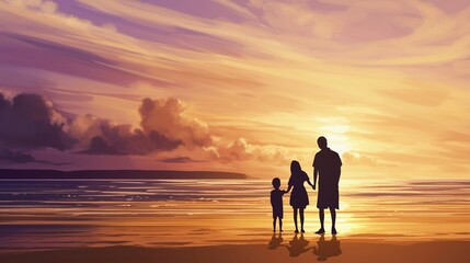 Fototapeta premium 海水浴場にいる家族のシルエット6