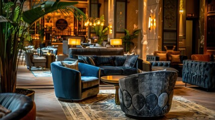 Elegant hotel lobby with blue chairs and potted plant for relaxing business travelers and art enthusiasts