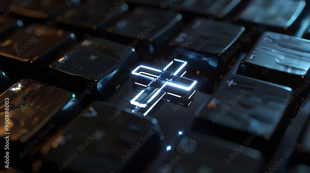 Wall mural keyboard of a computer with a cross on it conceptual photography : generative ai