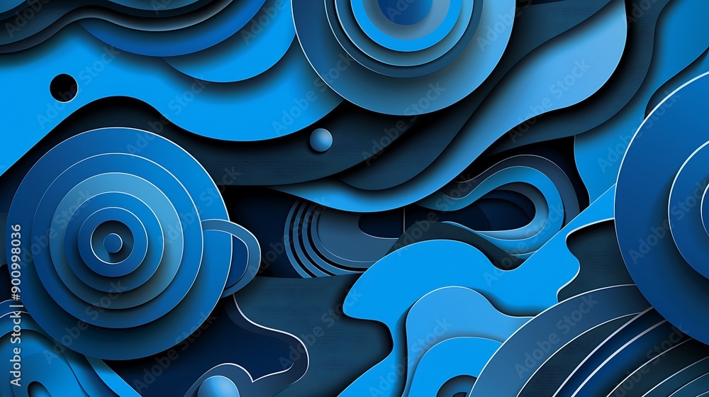 Poster abstract blue paper cut design with various shapes and colors, creating a 3d effect.