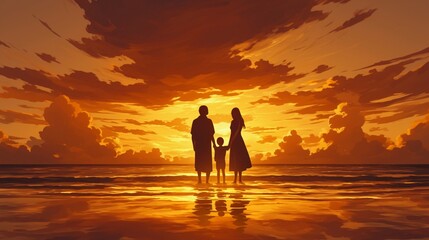 Fototapeta premium 海水浴場にいる家族のシルエット18