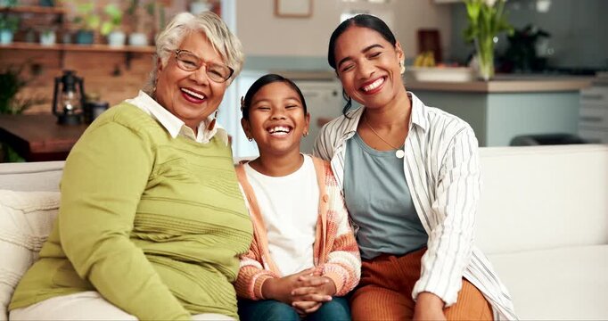 Face, family and child on sofa at house with happiness for bonding, care and mothers day together of childhood. Smile, women and girl laugh for funny joke with love, trust and generations in lounge