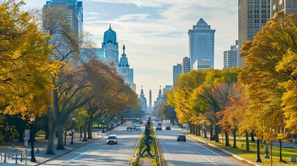 Philadelphia Pennsylvania USA in autumn overlooking Benjamin Franklin Parkway : Generative AI