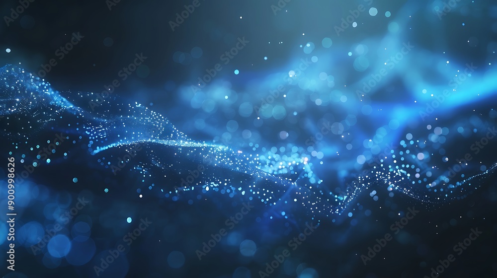 Poster mesmerizing abstract of a digital blue wave, resembling flowing data or energy, with a blurred bokeh