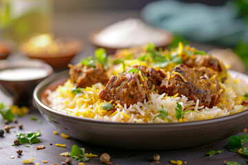 Biryani on a plate. Garnished with cilantro and served with raita