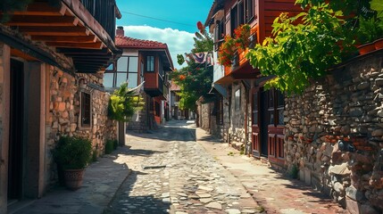 Obraz premium Traditional street in the old town of Sozopol Bulgaria : Generative AI