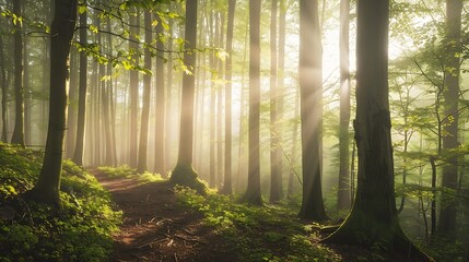 Obraz premium Hiking trail through natural green beech forest in the morning light the sun shines through the morning mist Ziegeroda Forest SaxonyAnhalt Germany Europe : Generative AI