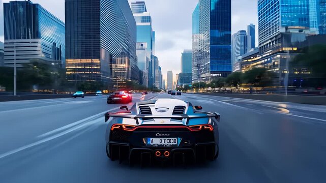 Rear view of sleek black sports car accelerating on empty city street. Towering skyscrapers frame the scene, their glass facades reflecting dusky blue light. 
