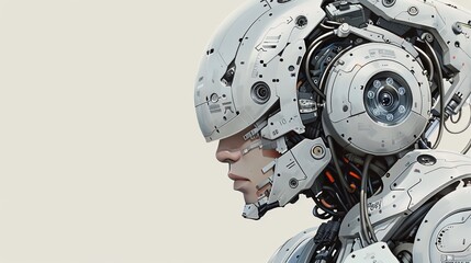 Fototapeta premium Detailed and Sophisticated Humanoid Robot with Intricate Metallic Parts, Visible Wiring, and Advanced Sensors, Against a Plain Light Background Emphasizing Its Futuristic Design
