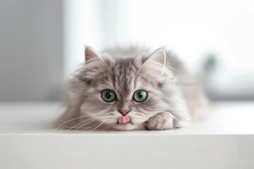 Funny large longhair gray kitten with beautiful big green eyes lying on white table. Lovely fluffy cat licking lips. Free space for text - generative ai