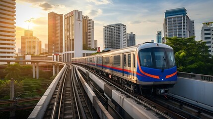 Naklejka premium BTS Skytrain Electric train running on the way with business office buildings on the background : Generative AI