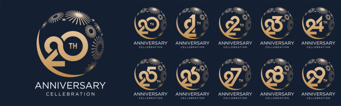 set of 20 to 29th anniversary logotype design, with golden fireworks for celebration event, wedding, and birthday, vector illustration
