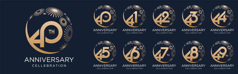 set of 40 to 49th anniversary logotype design, with golden fireworks for celebration event, wedding, and birthday, vector illustration