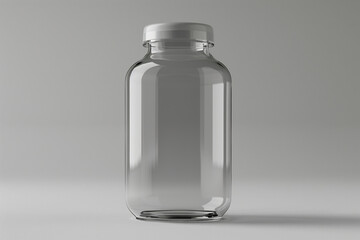 Studio Shot of a Photorealistic Semi-Transparent Vitamin Bottle with Wide Lid on Solid Grey Background - Clear Design with No Lettering or Graphics