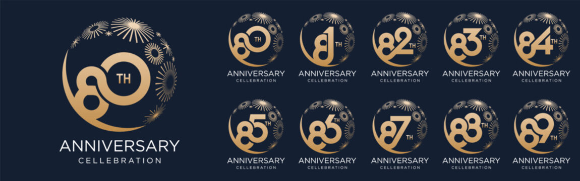 set of 80 to 89th anniversary logotype design, with golden fireworks for celebration event, wedding, and birthday, vector illustration