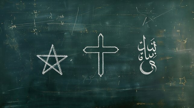 Blackboard with the symbols of the three Abrahamic religions the Jewish Star of David the Christian cross and the Islamic star and crescent drawn in the middle : Generative AI
