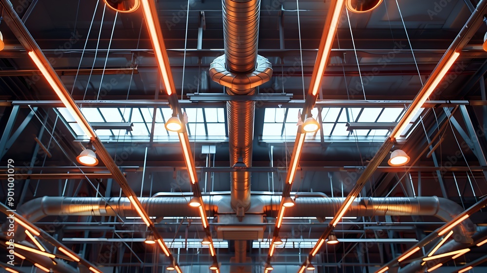Poster Ceiling with pipes and lights in creates industrial a pattern : Generative AI