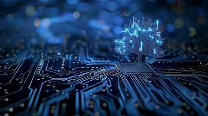 Digital tree is shown growing on a circuit board, symbolizing the advancement of technology and its connection to nature.