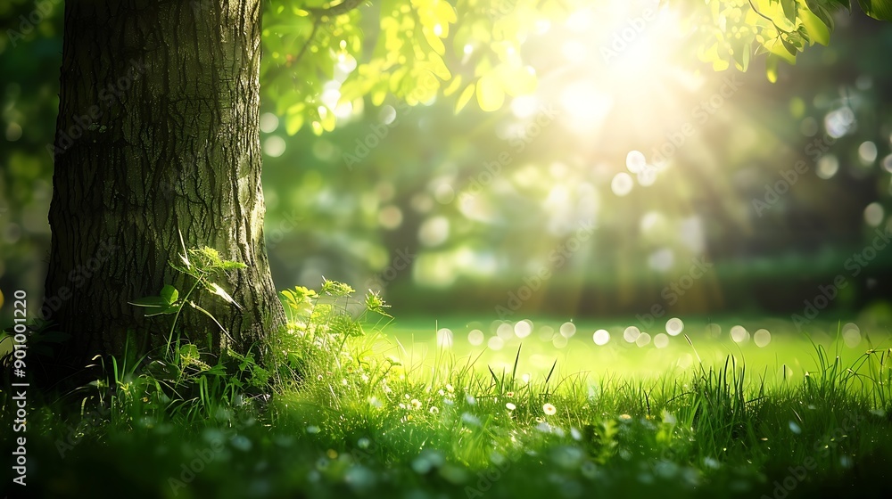 Poster blur background of sunlight shining though the tree with grass field soft light nature photography p