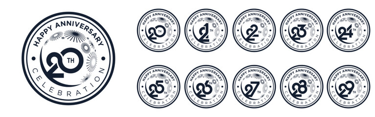 set of 20 to 29th anniversary logotype design, with black color fireworks for celebration event, wedding, and birthday, vector illustration