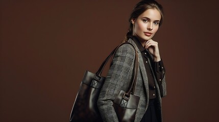 Fototapeta premium Clothes and accessories for women Fashion portrait of a stylish young woman in a classic suit posing with ladys leather handbag on brown studio background Classic style : Generative AI
