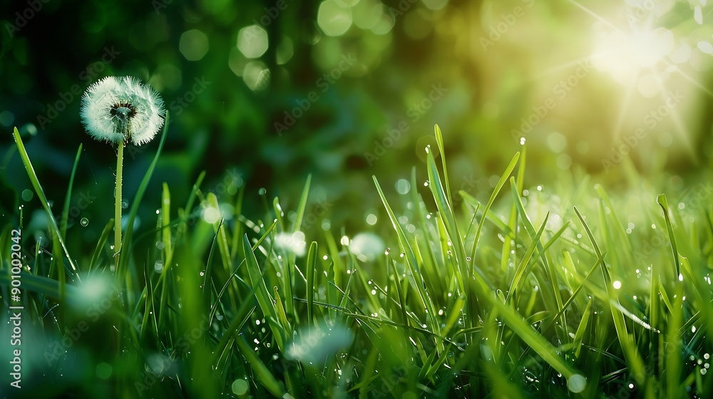 Fototapete White dandelion in a green grass on a forest meadow Macro image shallow depth of field Abstract summer nature background : Generative AI