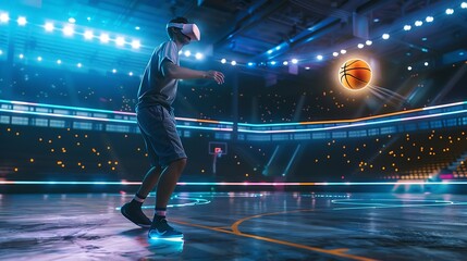 Caucasian sport person playing basketball at neon sport stadium while wearing casual cloth and virtual reality glasses Athlete holding basketball hologram while standing at sport arena : Generative AI