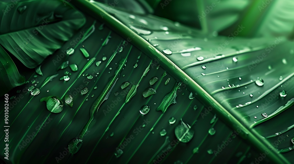 Poster closeup of green banana leaf background with details of a leafcovered in water droplets macro vibran