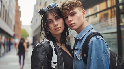 City fashion and portrait of model friends outdoor in summer for cool edgy or trendy style together Diversity face or serious with teen man and woman group in urban town for street cul : Generative AI