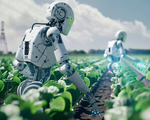 A robotic farmers tending to crops, monitoring soil conditions, and optimizing resource usage in smart farms