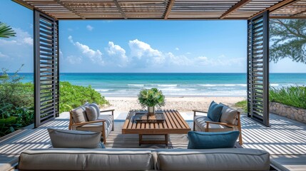 Serene and Sophisticated Modern Beachfront Property Setup with Wooden Table and Chairs under a Pergola, Overlooking Vibrant Azure Sea and Sandy Beach