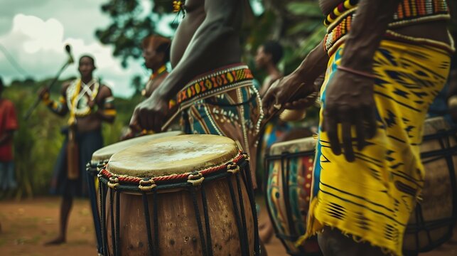 Drums called atabaque in Brazil being played during a ceremony typical of Umbanda an AfroBrazilian religion where they are the main instruments : Generative AI
