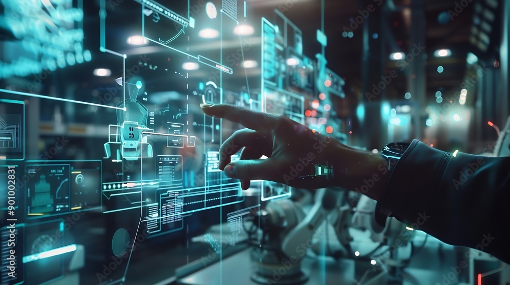 Leinwandbilder engineer uses a futuristic transparent smartphone to control robots in a smart factory smart industr