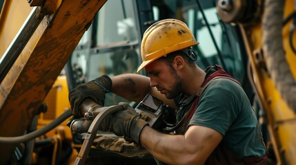 Driver mechanic checks hydraulic hoses of excavator Man in hard hat industrial worker : Generative AI